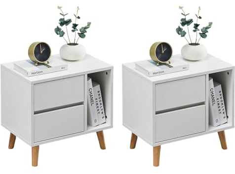 CLIPOP Nachttisch 2er Set,Griffloses Design,2 Schublade und Offenes Fach,Bett Nachtschrank Nachtkästchen Beistelltisch Nachtkommode für Schlafzimmer Wohnzimmer Büro,34 x 50 x 46,5 cm,Weiß