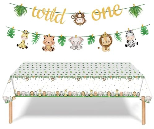 ZGDEIWGF 1 Tier-Pull-Flagge, 1 Tier-Tischdecke, 'Wild One'-Banner, Dschungeltier-Pull-Flagge, 1. Geburtstagsbanner, Dschungeltier-Partydekorationen