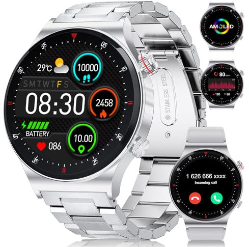 LIGE Montre Connectée Homme, Appel Bluetooth et Assistant Vocal, 1,43'' AMOLED Montre Connectée avec 24/7 Moniteur de Fréquence Cardiaque SpO2 et Sommeil, 110+ Modes Sportifs, Étanche IP68, Argent