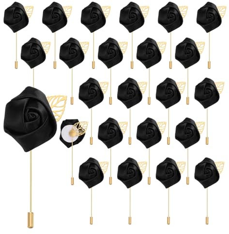QUARKZMAN 24Pcs Épinglette Boutonnière en Fleur Roses Noires Accessoire Boutonniere Corsage Broches de Poche pour Cérémonie de Mariage Anniversaire Bal de Promo Soirée Formelle