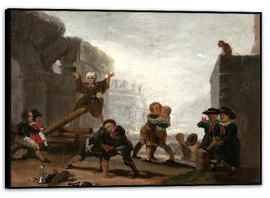 MOBYAT Francisco De Goya Wall Art Canvas Print Modern Artwork Abstract Painting Wall Decor Poster,Jungen spielen bei Wippe,Francisco De Goya Canvas Picture100x70cm(39x28in) Schwarz gerahmt