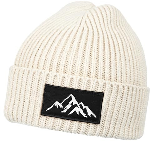 Neverless® Damen Beanie Outdoor Patch Berge Wnadern Aufdruck Print Wintermütze Strickmütze Frauen Beige Unisize