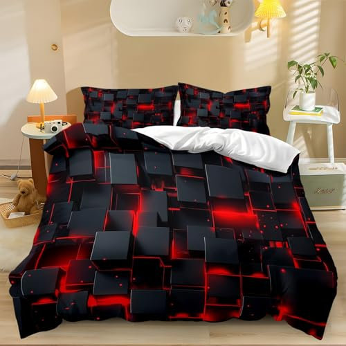 Bettbezüge Set Technologie Würfel Abstrakt 3D Muster Bedruckt Bettbezug Mit Reißverschluss Schwarz Rot Weiche Mikrofaser Bettwäsche Set 135 X 200 cm 3 Stück Set Pflegeleicht Weich