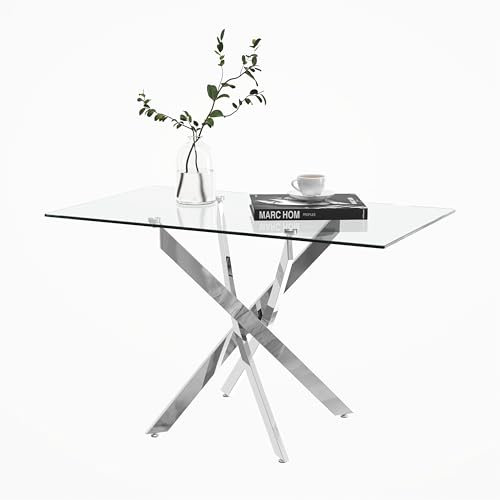 IMHKAM Table à Manger en Verre Trempé, Table Salle a Manger Moderne Base en Métal, 110 x 70 x 75 cm (Argenté)