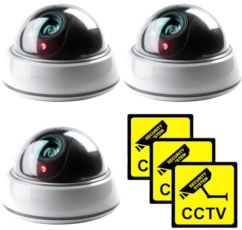 GOMETY 3 Stück Dummy Kamera, 12,5 x 10cm Dome Überwachungskamera Attrappen mit Rot Blinkender LED, CCTV Fake Dome Camera für Zuhause und Büro Überwachung