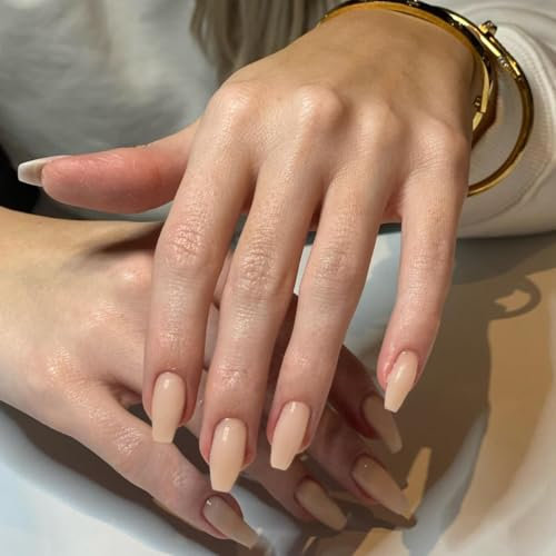 KQueenest Pastel Yellow Press on Nails Short Medium Coffin, Beige False Nails Short Ballerina, Glossy Natural Solid Color Fake Nails Set, Reusable Gel Stick on Nail for Women Finger Daily Wear 24 Pcs