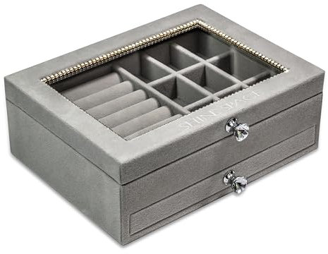 SHINE SPACE Schmuckkästchen mit Glasdeckel – Schmuckbox mit Schublade & Fächern – Schmuckaufbewahrung für Ringe, Ketten, Ohrringe, Armbänder – Schmuckkasten Samt Grau mit Griffen (Grau)