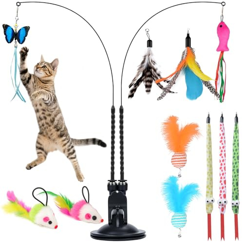 Qoosea Juguete interactivo para gatos con plumas, 14 unidades, interactivo, con ventosa fuerte y 2 varillas, juego de juguetes para gatos de inteligencia
