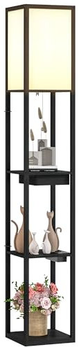 HOMCOM Lampadaire avec étagères lampe sur pied de salon douille E27 style moderne lampadaire sur pied avec interrupteur et port USB A+C pour salon et chambre 159 cm noir et noir
