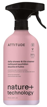 ATTITUDE Shower and Tiles Cleaner Spray, Plant-Based Ingredients, EWG Verified, Streak Free, Eliminates Soap Scum, Limescale, Lemon & Rosewood, 770 mL