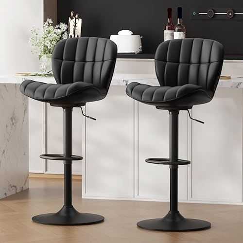 Ckaff Barhocker 2er Set, Barstuhl höhenverstellbar aus PU-Leder, 360°Drehstuhl Küchenstuhl mit Rückenlehne und Fußstütze für Küche, Wohnzimmer, Esszimmer, Bar, Schwarz