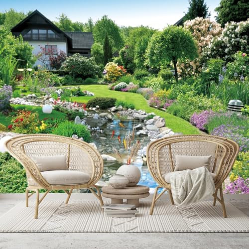 Garden Stream with Koi Fish and Colorful Flowers - Custom Size Wall Murals Removable Large Photo Wallpaper for Living Room, Bedroom,Office,Self-Adhesive Wallcovering,No PVC