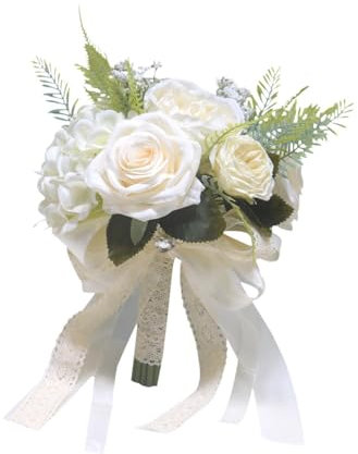 Jiuvaso Bouquet da sposa con rose finte, fiori artificiali per anniversario, festa, addio al nubilato, cerimonia, Bianco