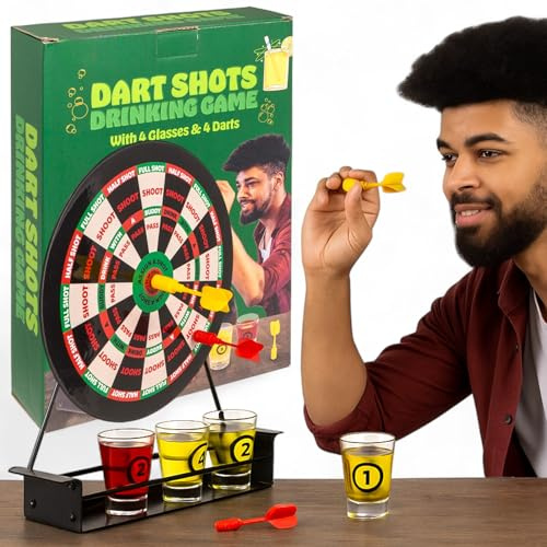MIJOMA Dart Trinkspiel – Partyspiel mit Dartscheibe, 4 Shotgläsern & 4 Darts – witziges Trinkspiel für Erwachsene, Geburtstag, Junggesellenabschied, WG-Party