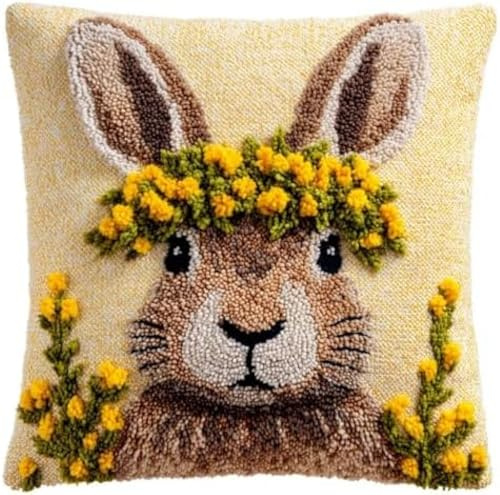 kitphoenix Knüpfkissen-Set,süßes Hasen-Blumenkranz-Porträt mit vorgedrucktem Kissenbezug,DIY Latch Hook Kissenbezug,Häkelgarn-Bastelset für Hobby und Heimdekoration,43x43 cm,14