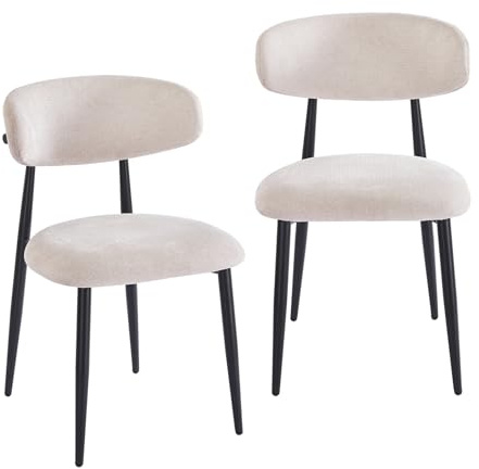 2er Set Esszimmerstühle Japandi: Moderne Polsterstühle mit Gewebtem Leinenbezug - Ergonomische Rückenlehne Schwarze Metallbeine - Bequeme Küchenstühle für Esszimmer Wohnzimmer Büro (Beige, 2er)