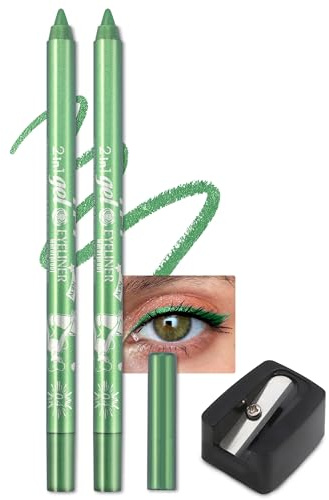 Jutqut 2PCS Glitzer Grün Gel Eyeliner, Smooth Green Kajal Wasserfest | Langlebig Wischfest, Hochpigmentierte, Leichte Anwendung, Smooth, mit Anspitzer, Make-up für Frauen