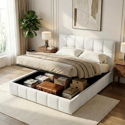 CLP Polsterbett mit Stauraum Ladia, Bettgestell für Matratzen, Lattenrost mit Lift-Mechanismus, Doppelbett mit Stoffbezug, bis 300 kg, Farbe:Creme, Größe:160 cm