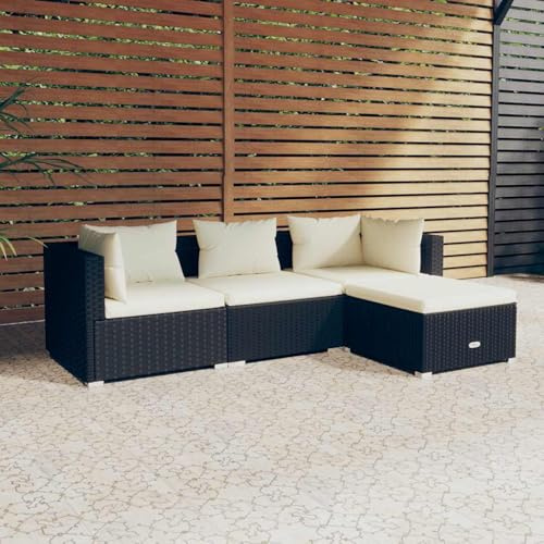 Garten Lounge Set 4-tlg Poly Rattan Schwarz Creme Wasserdicht Modular | PE-Rattan, pulverbeschichteter Stahl, Ecksofa, Mittelteil, Fußstütze, dicke Auflagen, abnehmbar, für Terrasse, Balkon