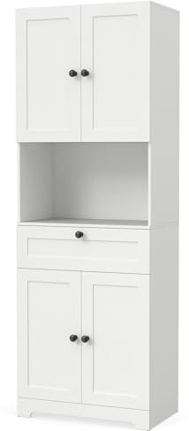 TANGZON Tall Kitchen Cupboard, 4-Door Pantry Cabinet with Adjustable Shelf, Drawer, Countertop & Anti-tipping Kits, Freestanding Sideboard Kitchen Storage Unit for Dining Living Room (White)