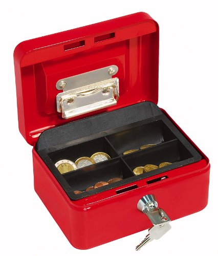 Wedo 145102H Geldkassette (aus pulverbeschichtetem Stahl, versenkbarer Griff, Geldnoten- und Belegeklammer, 4-Fächer-Münzeinsatz, Sicherheits-Zylinderschloss, 15,2 x 11,5 x 8,0 cm) rot