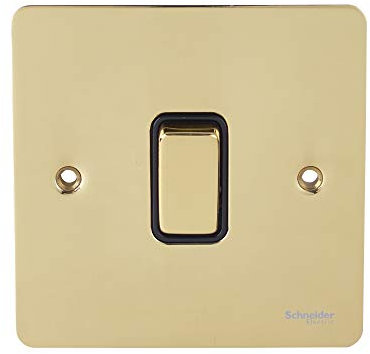 Schneider Electric Ultimate Flat Plate - Single 2 Way Light Switch, Single Pole, 16AX, GU1212BPB, Polished Brass with Black Insert, 1 Gang