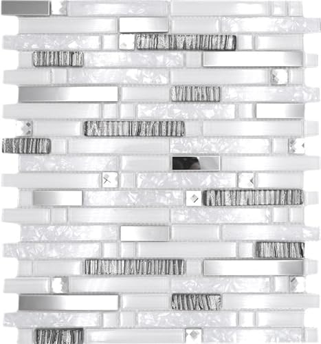 Mosaik Fliese Transluzent Edelstahl weiß Verbund Glasmosaik Crystal Stahl weiß Glas für WAND BAD WC DUSCHE KÜCHE FLIESENSPIEGEL THEKENVERKLEIDUNG BADEWANNENVERKLEIDUNG Mosaikmatte Mosaikplatte
