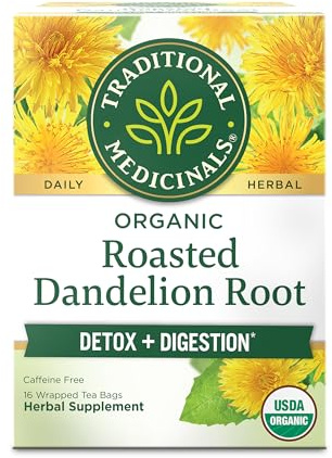 Traditional Medicinals Organic, Roasted, Dandelion Root Tea - Supports Normal Detox + Digestion - Kosher, Non-GMO, Caffeine-Free, Compostable - 16 Tea Bags