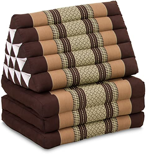 livasia Thaikissen 3 Auflagen extrahoch - 185x55x8cm - Dreieckskissen mit Klappmatratze, Kapok, Jumbo Rückenkissen faltbar, Thaimatte Klappen, handgefertigt, Meditationskissen (Braun)