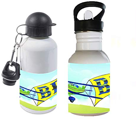 Trinkflasche mit Name/wahlweise 400ml, 500ml oder 600ml + Schriftwahl für Name + Edelstahl oder Aluminium (Flugzeug)