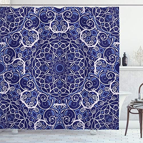ABAKUHAUS Mystik Duschvorhang, Böhmische Blumenkreis, Stoffliches Gewebe Badezimmerdekorationsset mit Haken, 175 x 180 cm, Weiß Blau Lila