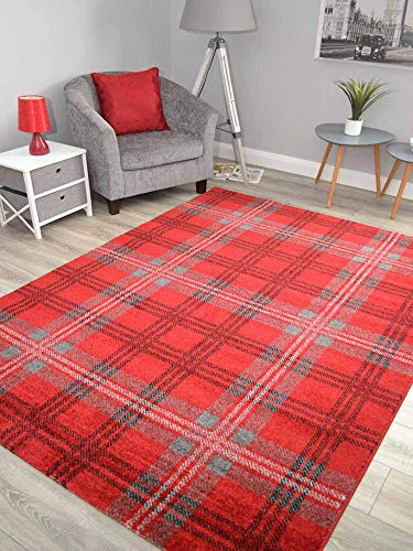 Modern Soft Red Tartan Highland Check Rugs (160cm x 220cm)