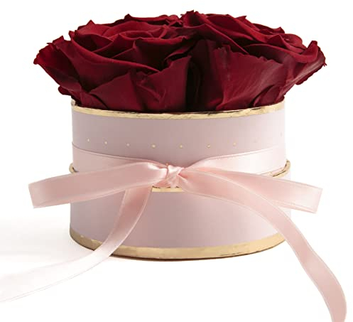ROSEMARIE SCHULZ Heidelberg Rosenbox rund Infinity Rosen Dunkelrot - Blumenbox Rosa 4 konservierte Rosen haltbar 3 Jahre - Mama Geschenke für Frauen (Small, Rosa-Burgundy)
