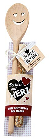Holz Kochlöffel Kochen mit Herz mit Gesicht + Gewürz + Rezeptidee Geschenk