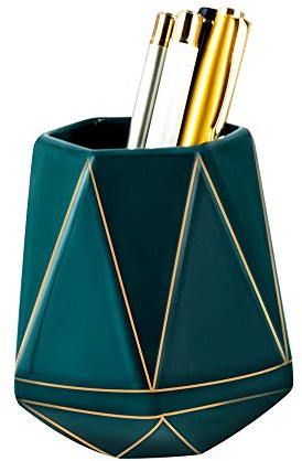 YOSCO Keramik-Stifthalter für den Schreibtisch, Goldene Line, Stifte, Topf, Schreibtisch, Organizer, Make-up-Pinselhalter (dunkelgrün)