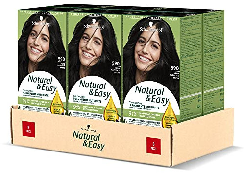 Schwarzkopf, Natural & Easy, Tinta per Capelli Permanente, Nutriente, con Olio d'Oliva ed Estratto di Lavanda, Copertura dei Capelli Bianchi, Tonalità 590 Nero, 6 pz