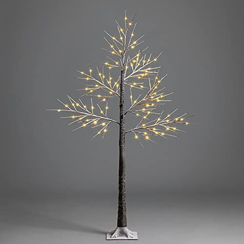 Christow Snowy Twig Tree With Lights 5ft, Pre Lit Birch Christmas Tree, Light Up Warm White LED Decoration, Indoor Outdoor, Mains Operated (96 LED)
