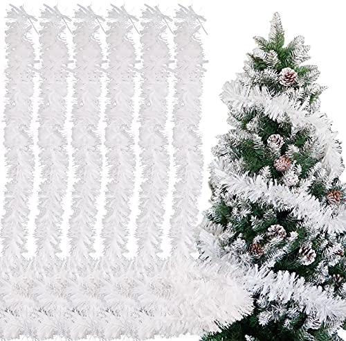FLOFIA Weihnachten Girlande Weiß 12M Weihnachtsbaum Lametta Federboa Deko Flauschigen Weihnachtsdeko Weiß Weihnachtsgirlande Hängende Dekoration für Weihnachtsbaum Party Kranz Hochzeit