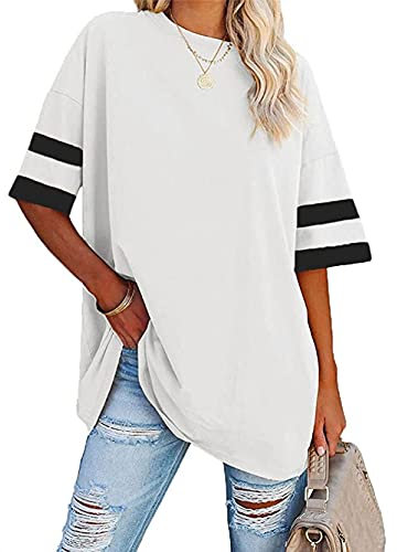 Famulily Cotton Tshirt Women Summer Half Sleeve Tops for Women Ladies Comfy Oversized Baseball Tshirts White L