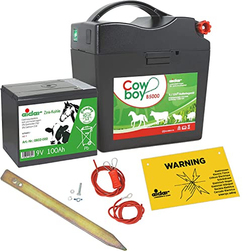 Eider Weidezaungerät Cowboy B 5000-9 Volt mit XXL 100 AH Batterie - ideal für Pferde und Ponys - mit langlebiger Batterie zum Bestpreis