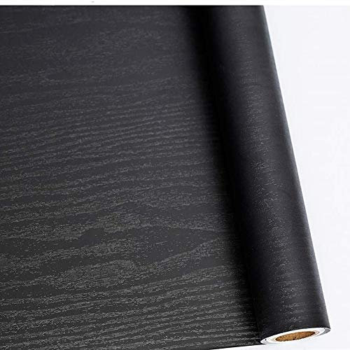 Abyssaly Black Vinyl Wrap Self Adhesive Wallpaper, Wood Effect Sticky Back Plastic Roll for Furniture, Removable Peel and Stick Wallpaper Decorative Furniture Kitchen 40cm X 500cm