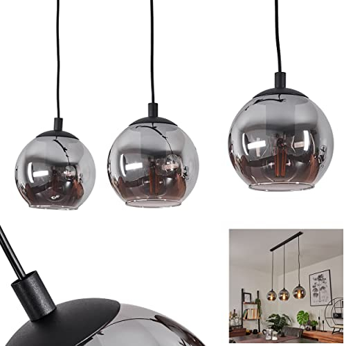 Suspension Sernf, lampe à suspendre en métal/verre en noir/fumée dans un design vintage, lampe à suspendre avec abat-jour en verre véritable (Ø 16,5 cm), hauteur max. 111 cm, 3 x E27, sans ampoules