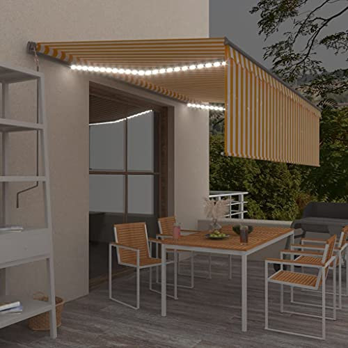 Aluminium Einziehbar Markise mit Jalousie & LED Sonnenschutz Handkurbel Kassettenmarkise Gelenkarmmarkise Markisenabdeckung Klemmmarkise Balkonmarkise, 5x3 m Gelb & Weiß