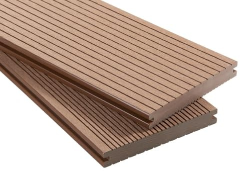 WPC Terrassendielen Massiv Dielen - Komplett-Set Hellbraun | 25 m² (5m x 5m) Holz-Brett Dielen | Boden-Fliesen + Unterkonstruktion & Clips | Balkon Boden-Belag + rutschfest + witterungsbeständig
