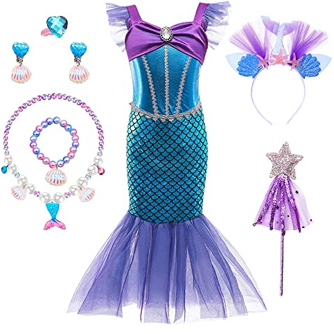 YYDSXK Meerjungfrau Kostüm Mädchen, Prinzessin Kleid Mädchen mit Meerjungfrau Zubehör, Arielle Kostüm Kinder Abendkleid Lang, Meerjungfrau Kleid für Cosplay Karneval Hochzeit Geburtstagsfeier (120)