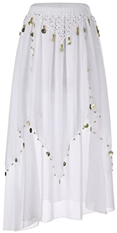 JEATHA Damen Pailletten Bauchtanz Rock Tanzrock mit Perlen Chiffonrock Tüllrock Indischer Tanz Rock Maxirock Tanzkostüm Bauchtanz Kostüm Weiß Einheitsgröße
