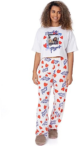 Emily in Paris Womens Pyjama Set | Ladies Cropped Short Sleeved T-Shirt With Long Bottoms Pjs | White with Social Media Selfie & Red Hearts All Over Print | Netflix Series Nightwear Pyjama for Adults