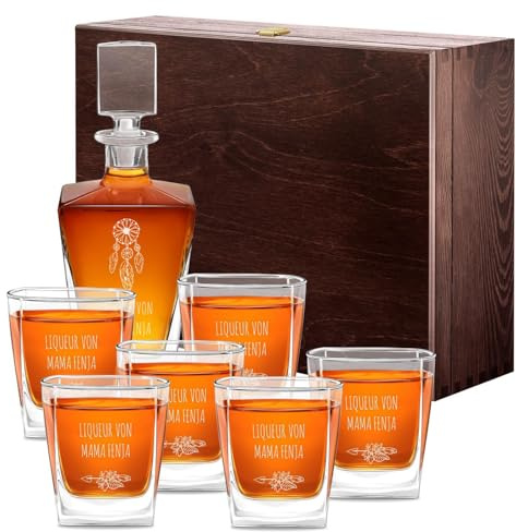 Maverton Whiskykaraffe 800 ml + 6 Whiskygläser mit Gravur - graviertes Whisky Decanter Set - Glas Karaffe mit Gläsern für Frauen - Whiskey Set für Whisky Genießerin - Liqueur