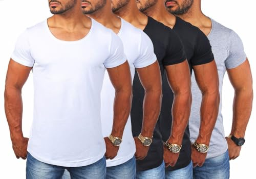 Young & Rich Herren Uni T-Shirt mit tiefem Rundhals Ausschnitt einfarbig körperbetontes Basic Tee Vintage Look 1702