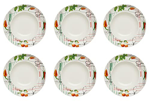 KHG 6er Set Pastateller, extra groß mit 30cm Durchmesser in Besteck Print, perfekt für Gastro und Zuhause, hochwertiges Porzellan, Suppenteller, Salatteller, Spühlmaschinengeeignet